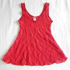 Vintage 90s Womens M Red Lace Sheer Camisole Lingerie Romantic Floral Coquette